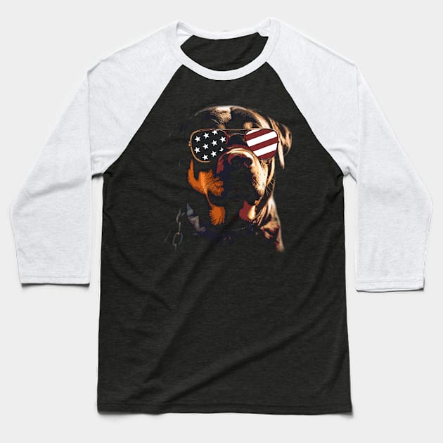 Pint-sized American Flag Rottweiler Whispers, Tee Triumph Extravaganza Baseball T-Shirt by Kevin Jones Art